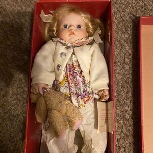 Vintage porcelain doll “swan edition” by Jane Lee, little girl with bear.
